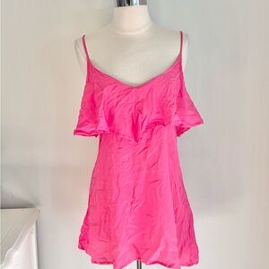 Millau Silk Tiered Open Back Ruffle Mini Dress Button Accent, Hot Pink, Size M